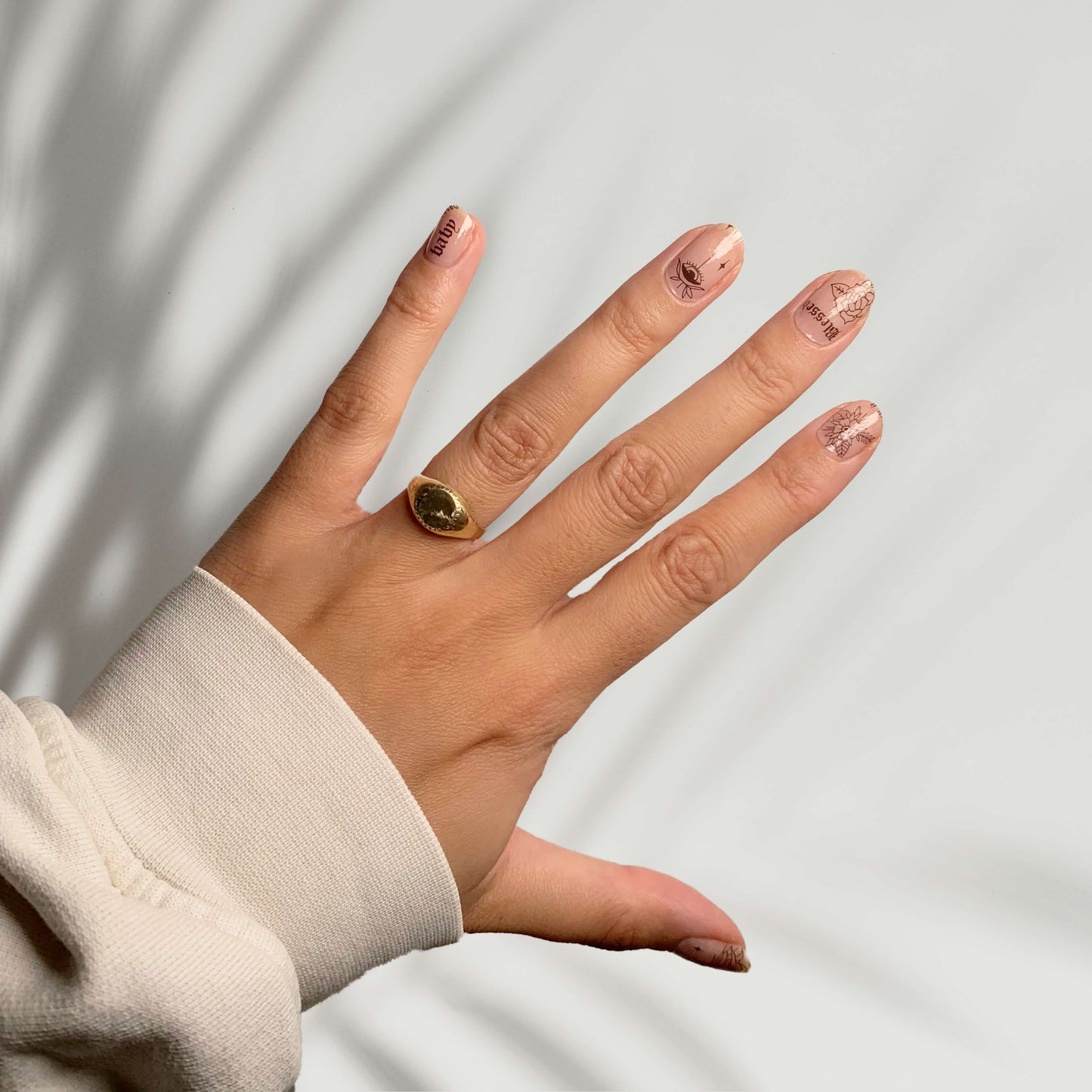 LA Nude nail stickers by The Lazy Mani on hand model