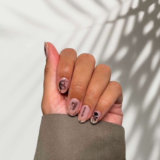 The Lazy Mani Downtown Hustle nail stickers on hand model