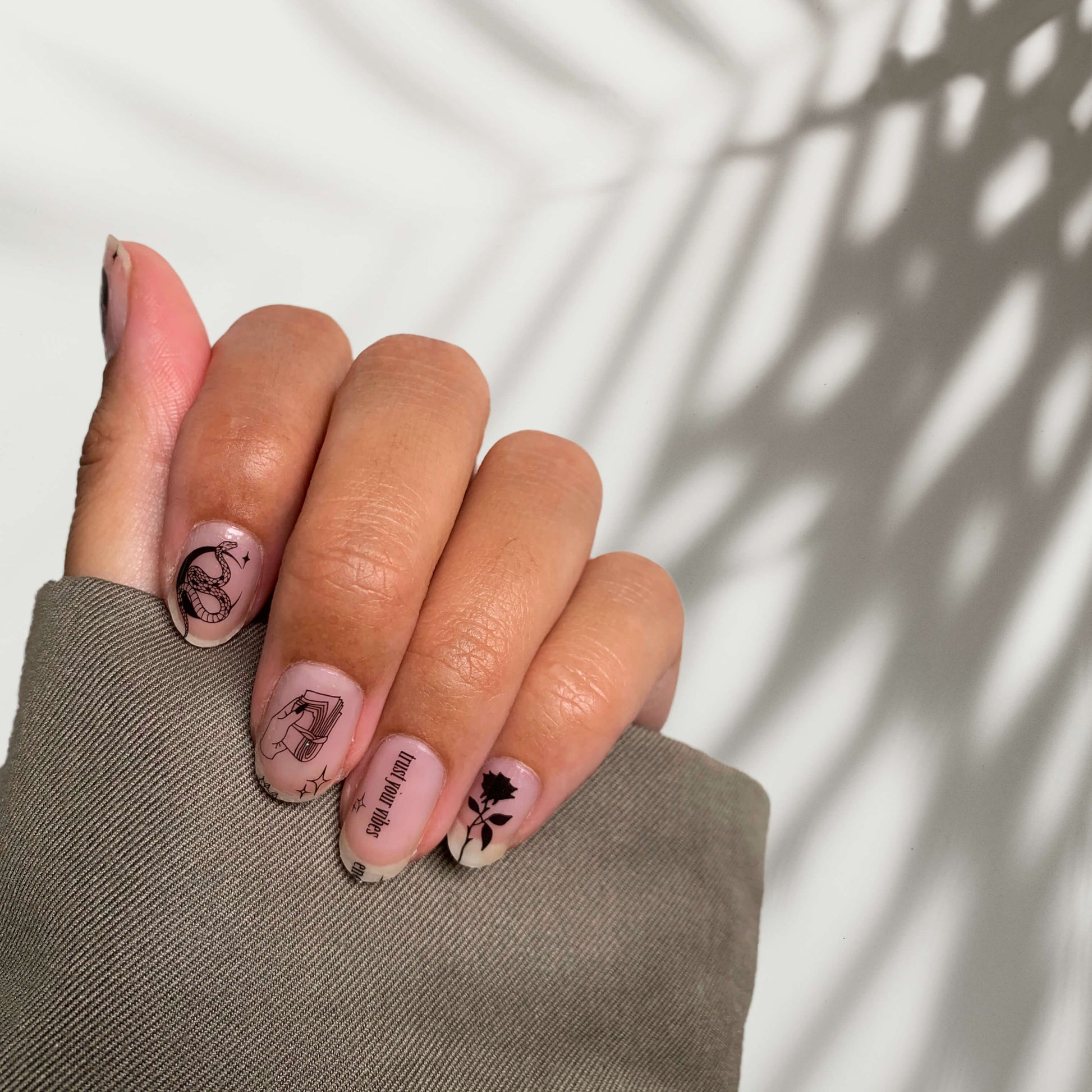 Close up of Downtown Hustle nail stickers by The Lazy Mani